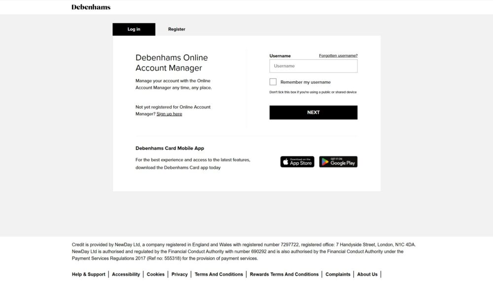 Debenhams Credit Card Login